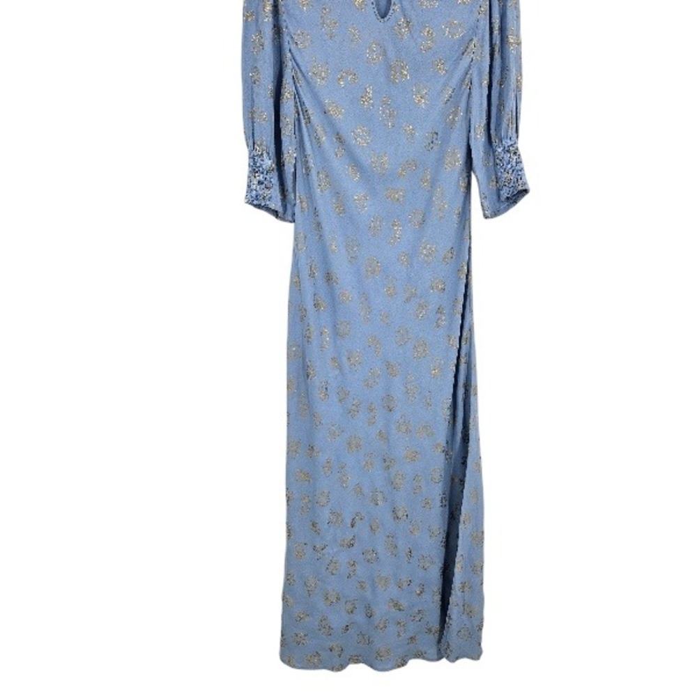 RIXO A-line Dress Blue Gold Metallic Zodiac Print Smocked Puff Sleeves Maxi Sz 6 - Picture 6 of 6